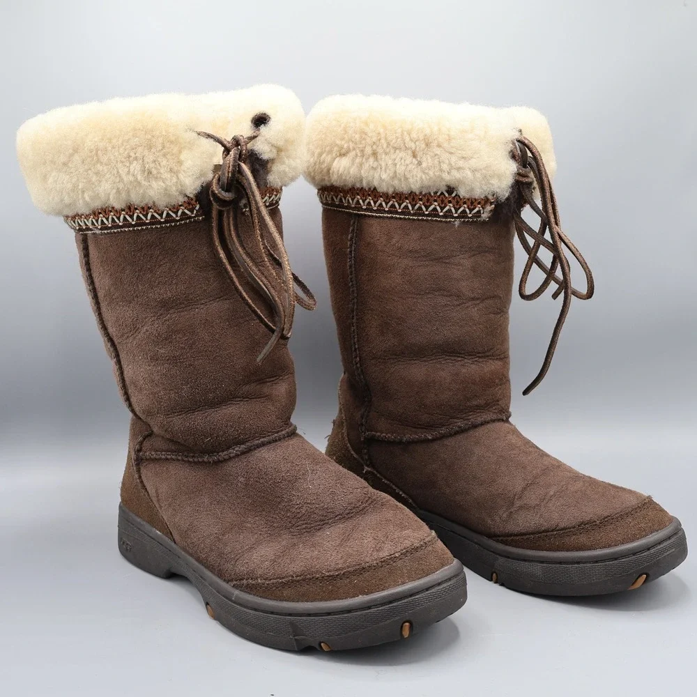 UGGUltimate Cuff Sheepskin Lined Boots Women 8 Brown‎ Lace Up Warm Boho Bohemian